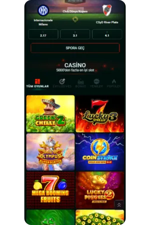 Pinco uygulamasında popüler casino oyunları menüsü