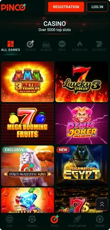 Popular casino games menu on the Pinco app